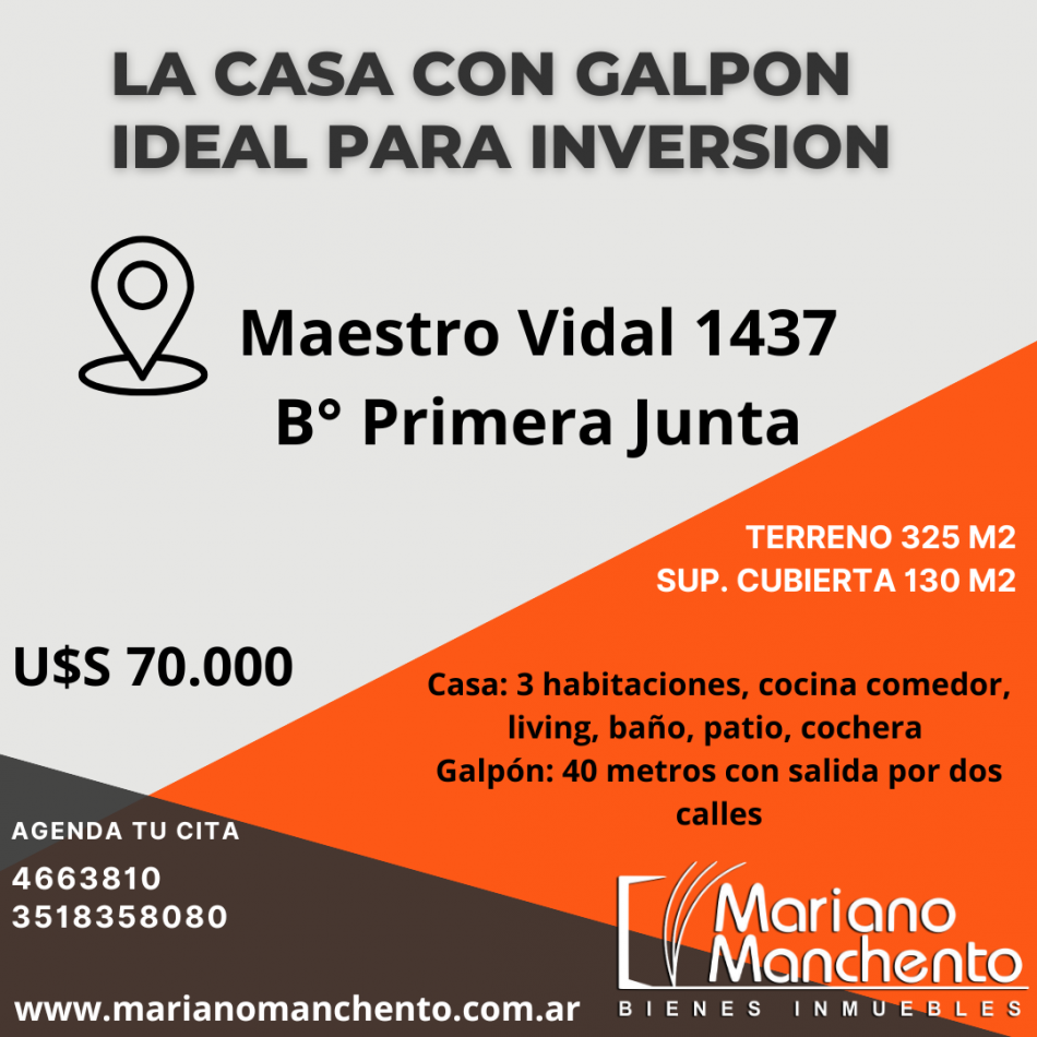 BARRIO PRIMERA JUNTA, SE VENDE CASA CON GALPON 